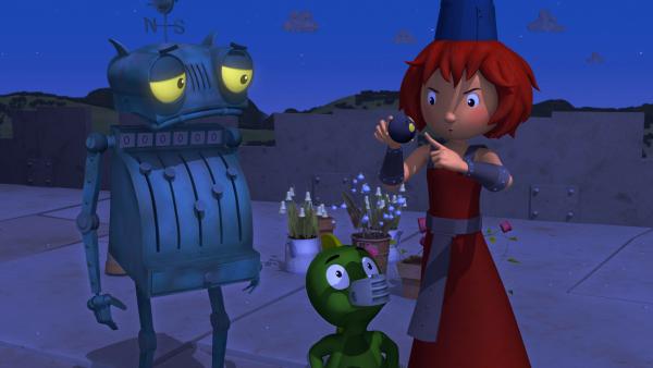 Bild 1 von 7: Rösti, Koks und Bö stellen fest, dass in der Nacht ihre Blumen aufgefressen wurden.