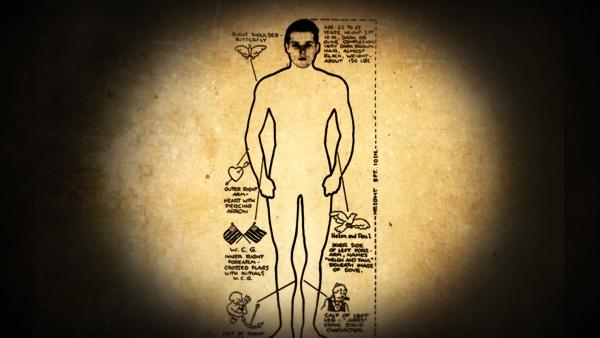 Bild 1 von 2: Am 5. Juni 1936 wird ein zweites Opfer gefunden. Die Polizei veröffentlicht in der Presse diese Darstellung, in der Hoffnung, mithilfe des Fotos und der Tätowierungen das Opfer identifizieren zu können. Ohne Erfolg.