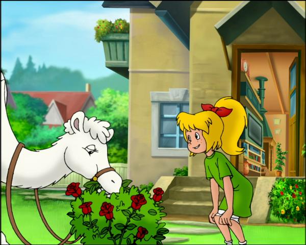 Bild 1 von 1: Ein weißes Dromedar knabbert unter Bibis Aufsicht an den Rosenblüten in Blocksbergs Garten.