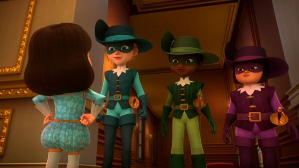 Bild 1 von 3: König Louis XIII (l.) möchte ein großes Feuerwerk am Hof organisieren lassen. Auch die Musketiere Athos (2.v.l.), Aramis (2.v.r.) und Porthos (r.) freuen sich darauf.