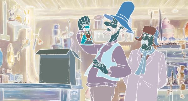 Bild 1 von 3: Nachbar Gustavsson (r.) bringt Pettersson (l.) eine Schachtel mit aufziehbaren Weihnachtsmännern, die der gut für seine Erfindung brauchen kann.