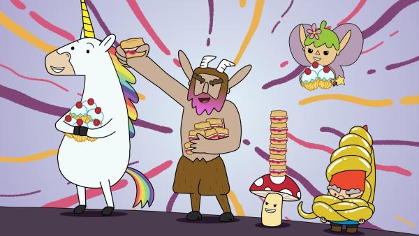 Bild 1 von 2: Blümchen, Hufius, Tupfen und Twinkle (von links) haben ihren Freund 'Herbert Goldbart' (rechts) gerettet.