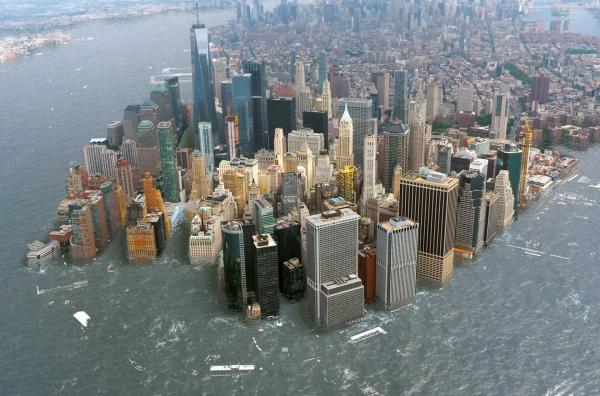 Bild 1 von 4: Simulation: Der steigende Meeresspiegel überflutet Manhattan.