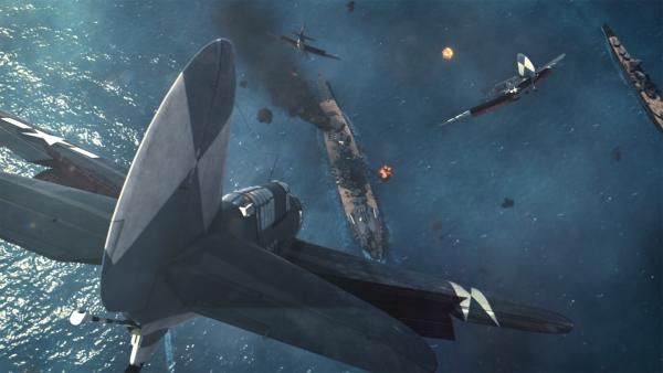 Bild 1 von 3: Curtiss SB2C Helldiver der US Navy greifen das japanische Schlachtschiff Yamato an (CGI-Animation).