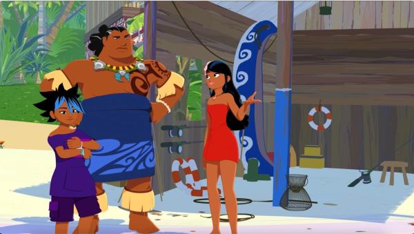 Bild 1 von 4: Timeti (r.) und Maimiti (l.) erklären Papa Tuanaku (M.), was es mit dem Defekt an Onkel Patricks U-Boot, der \