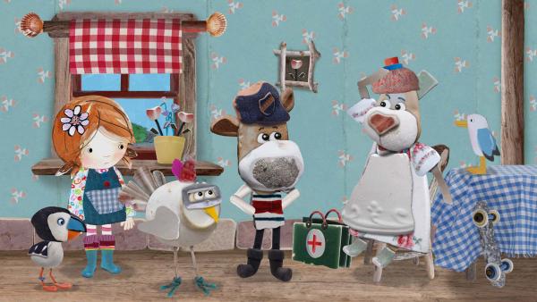 Bild 1 von 4: Nonna ist von ihrem Skateboard gestürzt. (Von links nach rechts: Puffin, Lily, Henne Jette, Salty, Nonna, Pelle)© KiKA/Sixteen South - Honorarfreie Verwendung gemäß AGB im redaktionellen Zusammenhang mit genannter Sendung bei Nennung \