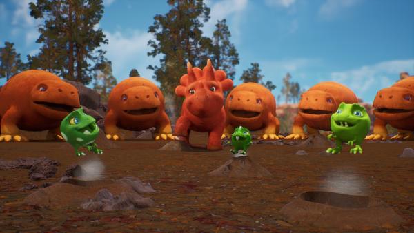 Bild 1 von 6: Gemeinsam mit den Süßkartloffodons haben Ginger und ihre Erbsen-Freunde bei den Blaslöchern großen Spaß.