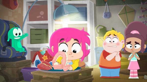 Bild 1 von 3: Rebecca montiert die Zähne aus dem Gebiss von Frau Schachschneider. Für jeden Zahn hofft sie, ein Geschenk der Zahnfee zu bekommen. Ernest, Francois (3.v.li.) und Nadine (re.) sind sich nicht sicher, ob das ein guter Plan ist.