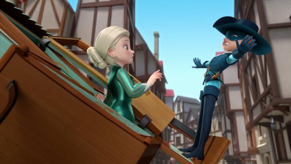 Bild 1 von 3: Athos (r.) trifft bei einem Einsatz der Musketiere auf Milady (l.). Die beiden verbindet eine gemeinsame Vergangenheit, an die Athos keine guten Erinnerungen hat. Milady kennt sie nur ohne ihre Maske, als Olivia de Treville.