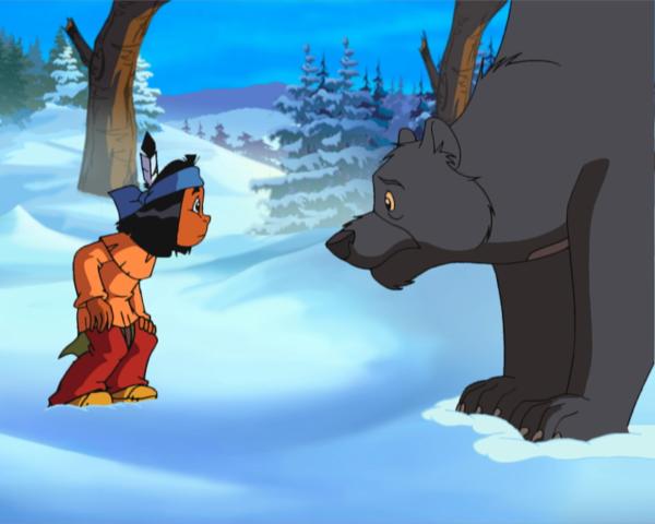 Bild 1 von 2: Yakari fragt Grizzly nach den gestohlenen Essensvorräten.