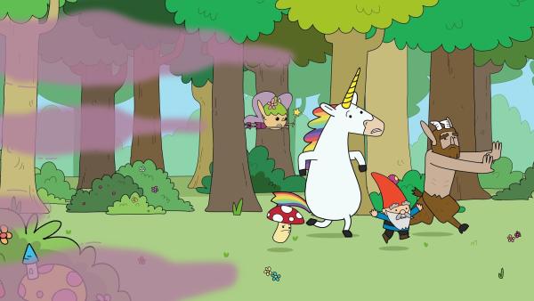 Bild 1 von 2: Twinkle, Tupfen, Blümchen, Herbert und Hufius (von links) fliehen vor gefährlichen Nebelwolken, die sich im Super Happy Magic Forest ausbreiten.