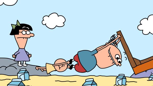 Bild 1 von 3: Trafalgar und Pulver bilden eine Brücke über den See aus saurer Milch, über die Lizzie gehen kann.© NDR/2023 DR & Nice Ninja - Honorarfreie Verwendung gemäß AGB im engen inhaltlichen redaktionellen Zusammenhang mit genannter Sendung bei Nennung \