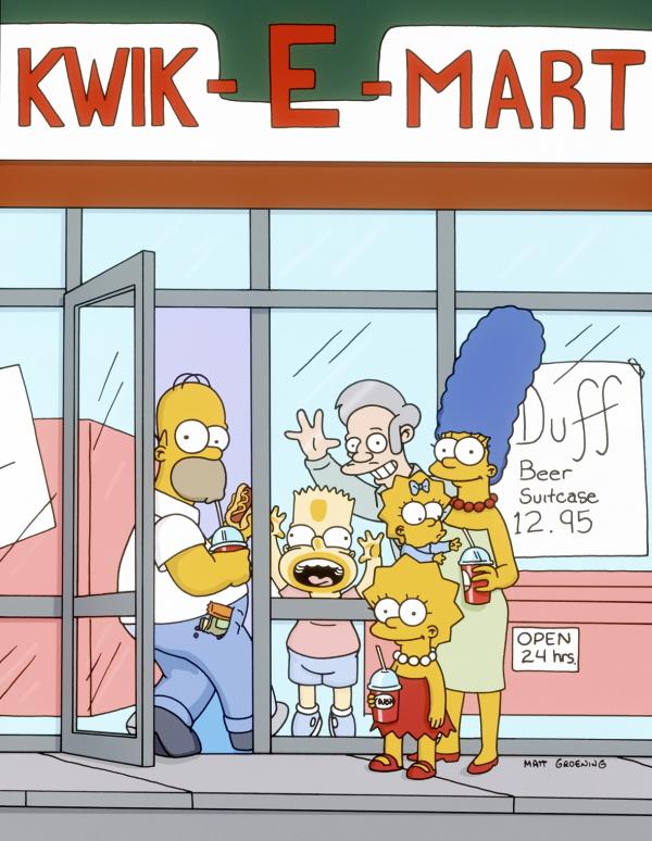 Bild 1 von 12: (12. Staffel) - (v.l.n.r.) Homer, Bart, Lisa, Maggie und Marge Simpson sind die beliebtesten Kunden vom Kwik-E-Mart-Besitzer Apu (hinten).