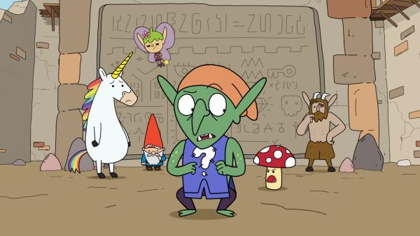 Bild 1 von 3: Von links: Blümchen, Herbert, Twinkle, Neville, Tupfen und Hufius. Auf ihrem Weg zur Schatzkammer des Rätselmeisters werden die Helden von dem Wächter Neville begleitet. Dabei müssen sie herausfinden, ob sie ihm trauen können.