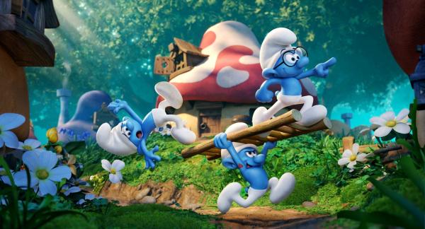 Bild 1 von 5: Clumsy (Jack McBrayer), Hefty (Joe Manganiello) and Brainy (Danny Pudi) in Columbia Pictures and Sony Pictures Animation's SMURFS: THE LOST VILLAGE.