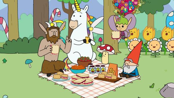 Bild 1 von 2: Für den Besuch der BEWI (Behörde Echter Wald-Inspektoren) sorgen die Helden dafür, dass es im Super Happy Magic Forest vorbildlich zu geht. Wenn nur Meister Heiter nicht wäre. Von links: Hufius, Blümchen, Tupfen, Twinkle und Herbert