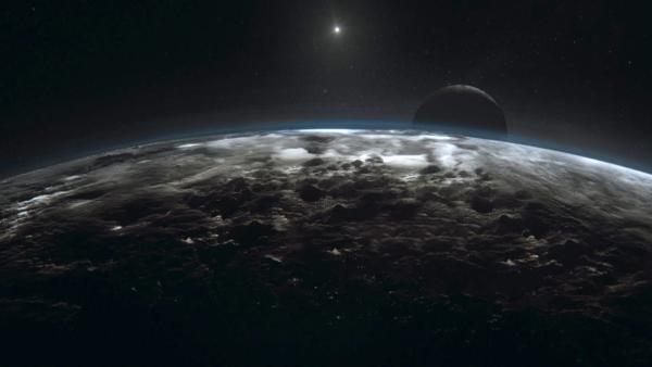 Bild 1 von 3: Weit draußen im Sonnensystem liegt der Zwergplanet Pluto mit seinem Mond Charon. Gemeinsam kreisen sie im Kuipergürtel, einer Region, in die so wenig Sonnenlicht dringt, dass sie nur schwer zu erforschen ist.