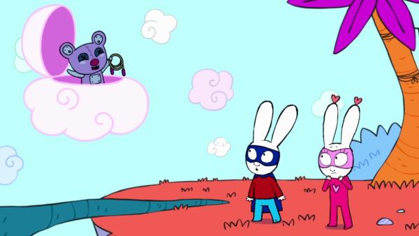 Bild 1 von 3: Nachdem Super-Lou (r.) und Superhase (M.) gemeinsam erfolgreich über den Ast balanciert sind, stielt Mega-Mini (l.) einfach Super-Lous Mega-Springseil, das sie als Hilfsmittel zum Balancieren braucht.