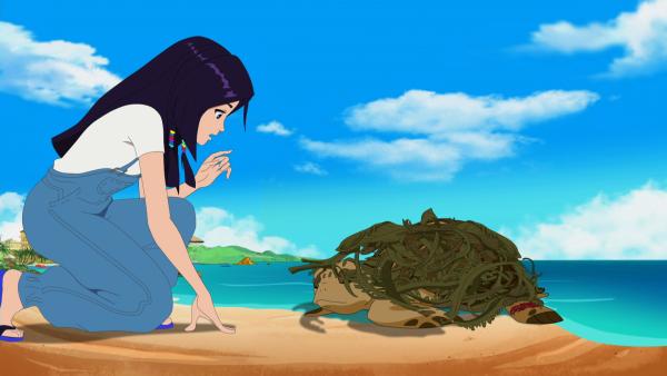 Bild 1 von 3: Cleo findet am Strand eine verletzte Schildkröte.