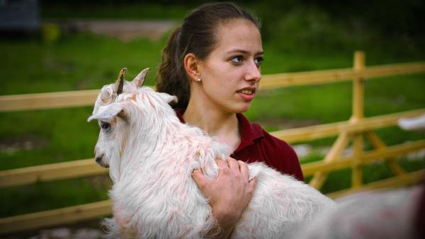 Bild 1 von 2: Vivian mit einer bulgarischen Langhaar-Ziege
