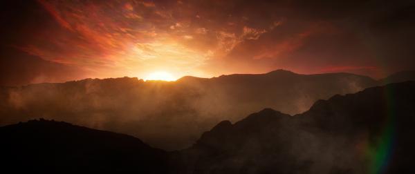 Bild 1 von 8: Gase verdichten sich und bilden eine erste Atmosphäre. Ein hoher Methananteil würde zu einem orangen Himmel führen.