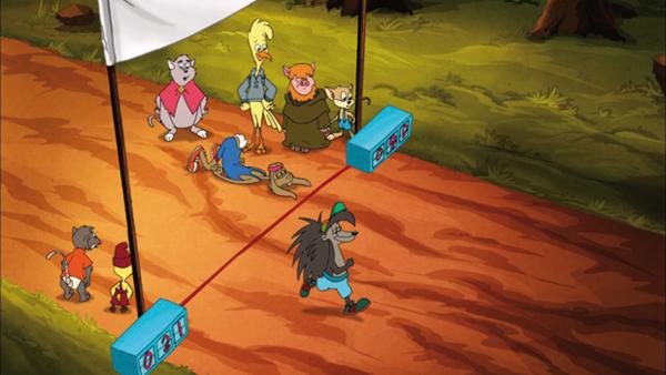 Bild 1 von 3: Harald, der Hase, fordert Albert, den schnellsten Igel der Welt, zu einem Wettrennen heraus.