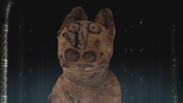 Bild 1 von 4: Im Penn Museum in Philadelphia befindet sich ein antikes Leinenbündel mit dem Kopf einer Katze. Der kleine runde Kopf ist aus Stoff gefertigt und an einem länglichen Körper ohne Beine befestigt.