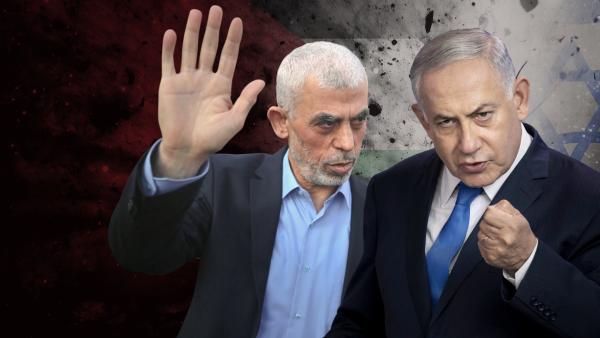 Bild 1 von 6: Jahia Sinwar (l.) und Benjamin Netanjahu (r.) - der Chef der terroristischen Hamas und der israelische Ministerpräsident lieferten sich einen erbitterten Kampf, der den Nahostkonflikt immer wieder neu entfachte.