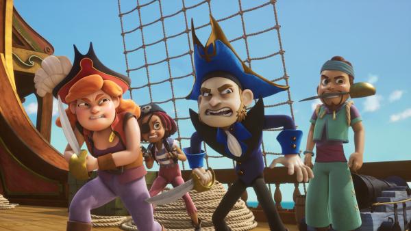 Bild 1 von 5: Die Lehrer der Pirate Academy, Käpt'n Raubein (l.), Käpt'n Säbelrost (2.v.l.), Käpt'n Flint (2.v.r.) und Käpt'n Samsodin (r.), lassen sich von ihren Schülern nicht auf dem Kopf herumtanzen.