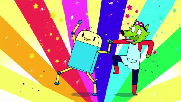 Bild 1 von 3: Professor Wolf (r.) führt mit einem seiner Roboter (l.) einen Freudentanz auf, weil er glaubt, alle Superhelden eingefroren zu haben.