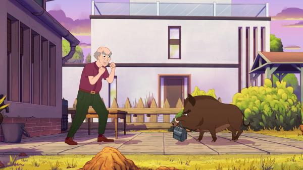 Bild 1 von 3: Lüttkewitz (l.) ist durch und durch bereit, gegen die diebischen Wildschweine aus Müggeldorf zu kämpfen.©ZDF/ Caligari Film/  Honorarfreie Verwendung gemäß AGB im redaktionellen Zusammenhang mit genannter Sendung bei Nennung \