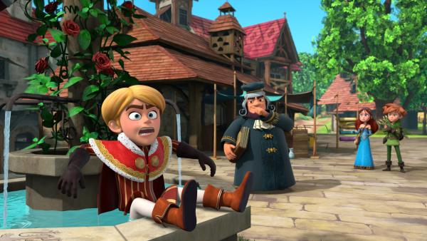 Bild 1 von 3: Prinz John (l.) kann es nicht glauben, dass er nicht der rechtmäßige Thronfolger ist. Robin (r.) und Marian (2.v.r.) wundern sich allerdings, wie hämisch sich der Notar (2.v.l.) darüber freut.