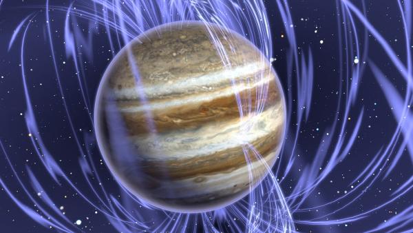 Bild 1 von 1: Eine von vielen überraschenden Entdeckungen Junos: Jupiter hat nicht zwei magnetische Pole, sondern drei.