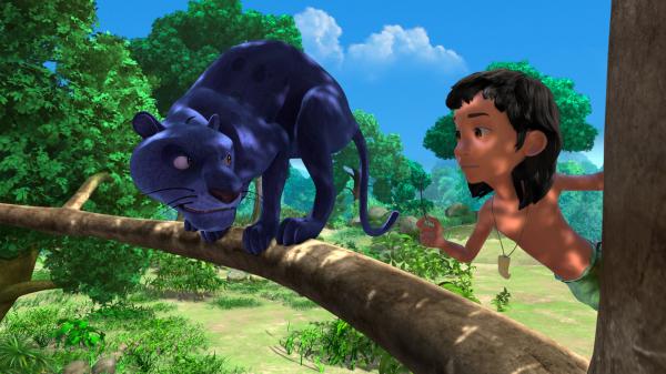 Bild 1 von 5: Mogli hat Baghira ein Schnurrhaar ausgerissen. Er übt, denn später will er Shir Khan ein Schnurrhaar ausreißen, um zu beweisen, dass er mutig ist und seine Pflicht aus dem Spiel \