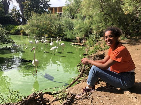 Bild 1 von 6: Pia erfährt Spannendes über die Flamingos in einem Vogelschutzgebiet. Sie können in sehr salzigem und sogar schmutzigem Wasser gut leben.
