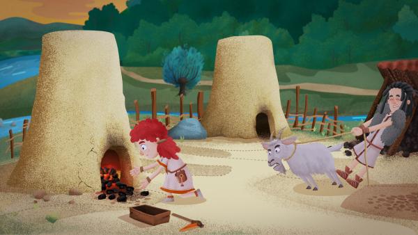 Bild 1 von 1: Leva schmiedet einen neuen Dolch, den die Ziege unbedingt haben will.