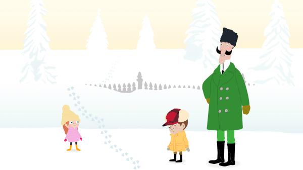 Bild 1 von 3: Ein Pinguin ist verschwunden. Familie Peek muss an den Spuren im Schnee erkennen, wohin er gewatschelt ist.