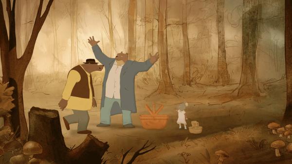 Bild 1 von 2: Beim Pilze suchen treffen Ernest (M.) und Celestine (re.) auf Ernests alten Kumpel Leon (li.). Da ist die Freude erst mal groß.