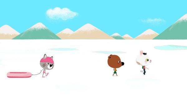 Bild 1 von 4: Mouk, Chavapa und ihr Freund Kedi machen einen Ausflug zum Salzsee. Wasser gibt es in diesem See nicht, wie Chavapa enttäuscht feststellt.