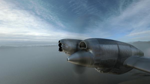 Bild 1 von 12: One of the propellers on the Reeve Aleutian Airways Flight 8, breaks off the plane and comes hurdling towards the body of the plane directly towards flight attendant Wendy Kroon.