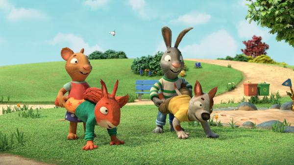 Bild 1 von 1: Partnertausch beim Schubkarren-Rennwettbewerb. Ausnahmsweise dürfen Pip und Posy kein Team bilden.© ZDF/Magic Light Pictures LTD 2021 - Honorarfreie Verwendung gemäß AGB im redaktionellen Zusammenhang mit genannter Sendung bei Nennung \