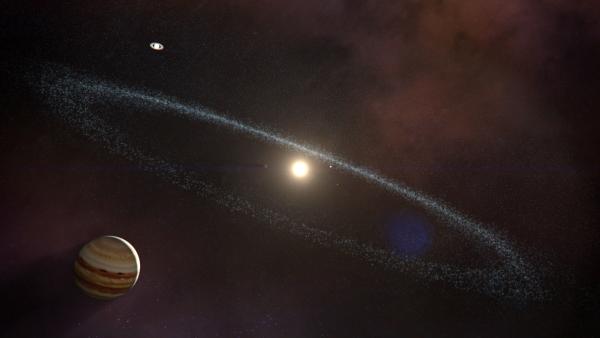 Bild 1 von 3: Der Asteroidengürtel liegt zwischen den Umlaufbahnen von Mars und Jupiter. Er besteht aus Gesteinsklumpen, die viel kleiner sind als Planeten.