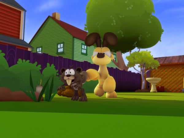 Bild 1 von 2: Odie geht auf Eichhörnchenjagd. Das endet regelmäßig damit, dass Odie von den cleveren Eichhörnchen fertig gemacht wird.