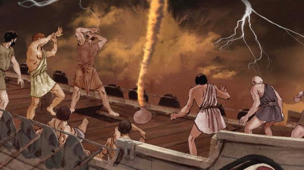 Bild 1 von 5: Vor seiner Heimkehr müssen Odysseus und seine Gefährten gegen heftige Stürme kämpfen, die sie zurück zur Insel des Windgottes Aiolos treiben.