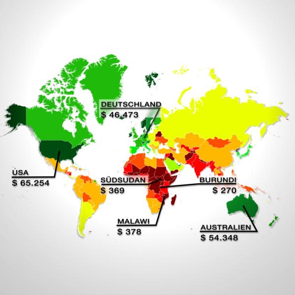 Bild 1 von 12: Schätzungen zum Bruttoinlandsprodukt pro Kopf für 2019 zeigen: Bei der Wohlstandsverteilung in der Welt bildet Afrika das Schlusslicht.
