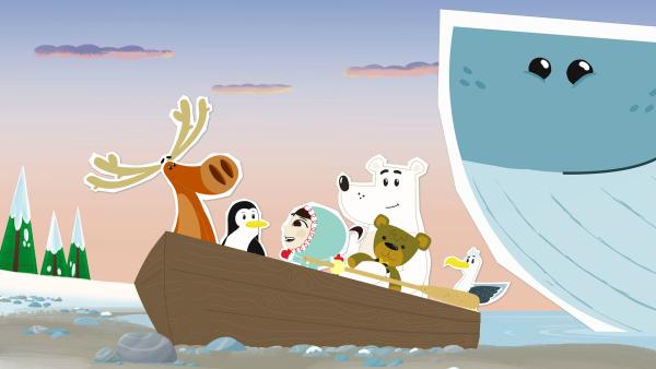 Bild 1 von 1: Von Arnold, der Möwe haben Inui und ihre Freunde erfahren, dass in dieser Nacht ein nahegelegener Nordpol-Wasserfall besonders schön aussehen wird. Mit einem Ruderboot und der Hilfe von Waldame Wiebke machen sie sich auf die Reise dahin.