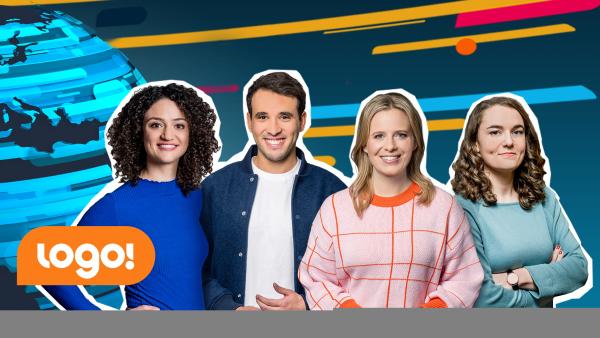 Bild 1 von 1: Die logo!-Moderator:innen (v.l.n.r.): Maral Bazargani, Sherif Rizkallah, Linda Fuhrich und Lotte Glatt