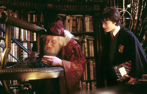 Bild 1 von 6: Harry Potter (DANIEL RADCLIFFE, right) watches as Professor Dumbledore (RICHARD HARRIS) feeds Fawkes the Phoenix in Warner Bros. Pictures'  \