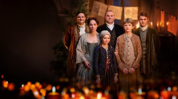 Bild 1 von 12: v. li. n. re.): Dominik Marcus Singer (Friedemann), Verena Altenberger (Anna Magdalena), Lotta Herzog (Elisabeth), Devid Striesow (Johann Sebastian), German von Beug (Gottfried), Ludwig Simon (Emanuel).