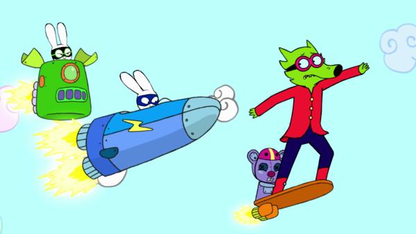 Bild 1 von 3: Super-Ferdi (l.) und Superhase (2.v.l.) versuchen beide im Alleingang, den bösen Professor Wolf (r.) und seinen Teddy-Roboter Mega-Mini (2.v.r.) mit Hilfe ihrer Raumschiffe zu fangen. Doch dabei stehen sie sich gegenseitig im Weg.